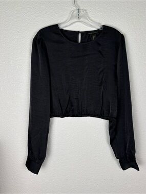 House of Harlow 1960 Black Blouse Large L Cropped Long Sleeve Satin Blouse